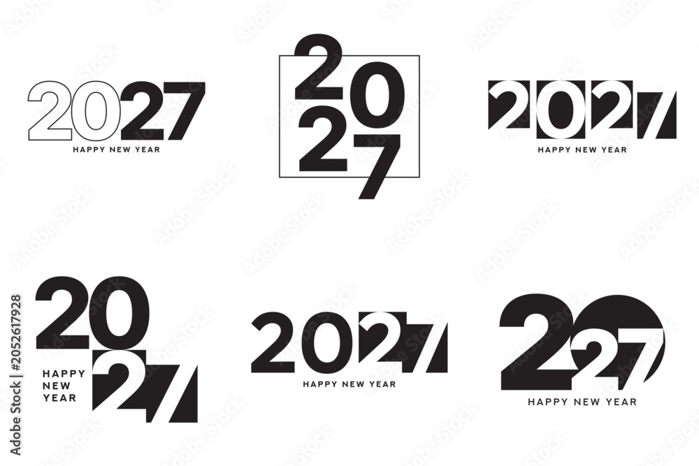 Fototapeta premium Modern 2027 Happy New Year logo set. 2027 Happy New Year symbol collection. Vector minimalist black 2027 New Year labels. Holiday symbols for greeting card, brochure, poster, branding and printing.