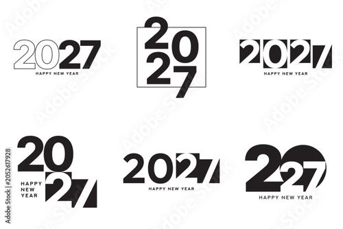Modern 2027 Happy New Year logo set. 2027 Happy New Year symbol collection. Vector minimalist black 2027 New Year labels. Holiday symbols for greeting card, brochure, poster, branding and printing.