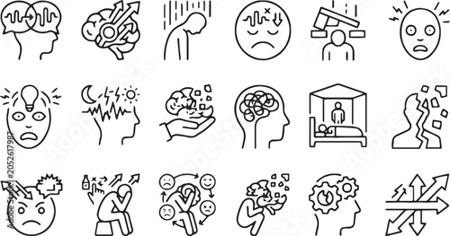 Tableau sur toile Mental Health Disorders and Depression Vector Line Icons Set (Includes Panic Att