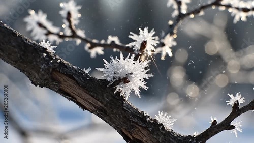 Sparkling hoarfrost ice crystals on tree branches in winter sunlight