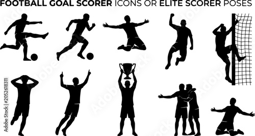 Black silhouette football goal scorer icons