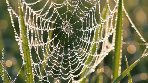 Sparkling spiderweb covered in dew drops at sunrise