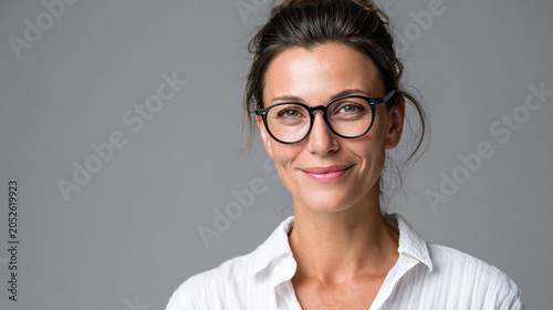 Middle aged woman wearing glasses against neutral backdrop
