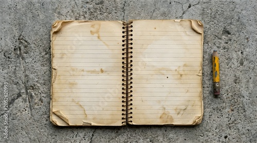  Open Vintage Spiral Notebook with Stained Lined Paper and Old Yellow Pencil - Retro Scholarly Journal and Creative Writing Concept on Concrete Background