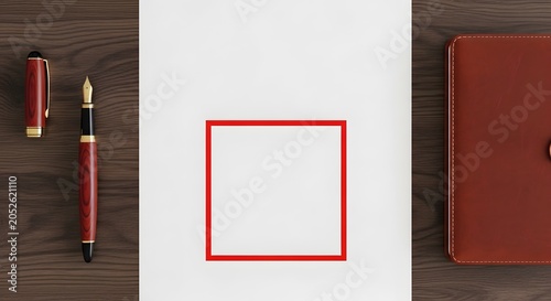 Blank Corporate Letterhead on Wood Desk with Luxury Fountain Pen and Leather Journal - Professional Business Branding Stationery Mockup Template