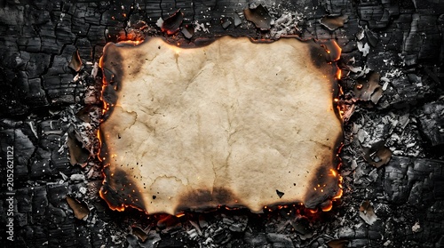  Burnt Antique Parchment Paper with Burned Edges on Charred Coal - Concept of Destroyed Evidence Forgotten History and Lost Secret Documents