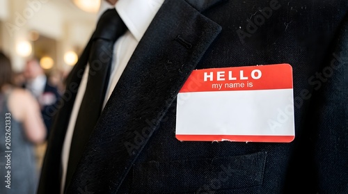  Close-up of Red Hello My Name Is Sticker Badge on Black Suit Jacket - Concept for Networking Event, Corporate Seminar, Conference Introduction and Personal Branding