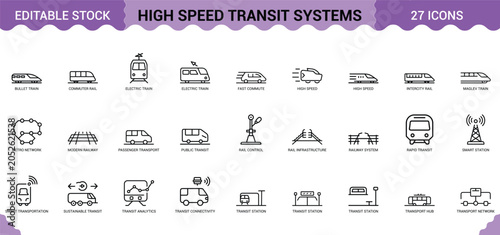 Canvastavla High speed transit systems line icons set showing bullet train network rail infrastructure smart