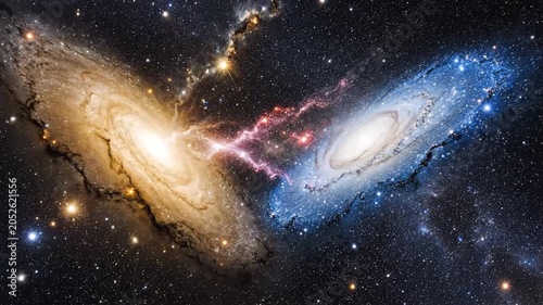 Two interacting spiral galaxies colliding in vast deep space