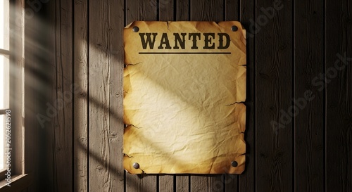  Vintage Wanted Dead or Alive Poster on Dark Wood Wall with Window Shadows - Old West Outlaw Bounty Hunt Reward Template for Western Themed Designs
