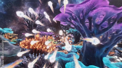 Vibrant alien landscape with colorful bioluminescent plants under starry cosmic sky.