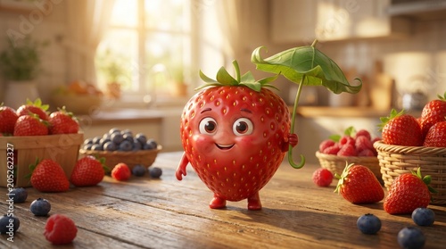 Cute 3D kawaii strawberry character holding a tiny green leaf umbrella.