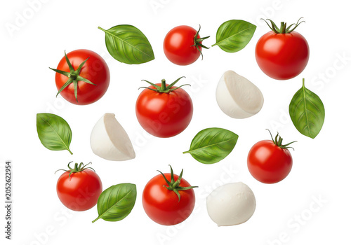 Fresh red cherry tomatoes, white mozzarella cheese balls, and green basil leaves arranged in a floating pattern isolated on a transparent background