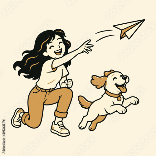 Girl and Dog Playing with Paper Airplane: A joyful girl with wavy hair and a cheerful dog playfully chase a paper airplane, symbolizing childhood innocence and carefree fun.