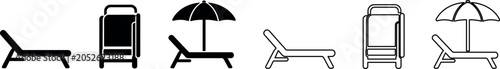 Sun lounger, towel rack, and beach umbrella icons in black and white styles