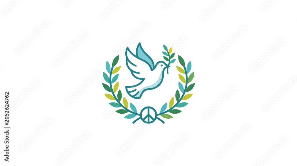 Fototapeta premium Dove of Peace with Laurel Wreath and Peace Symbol - Vector Illustration