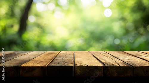 Natural wooden table with blurred soft background creates serene and inviting atmosphere, perfect for showcasing products or enjoying peaceful moment in nature