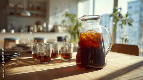 夏のダイニングに置かれた冷たい麦茶（アイスティー）のガラスピッチャーとグラス