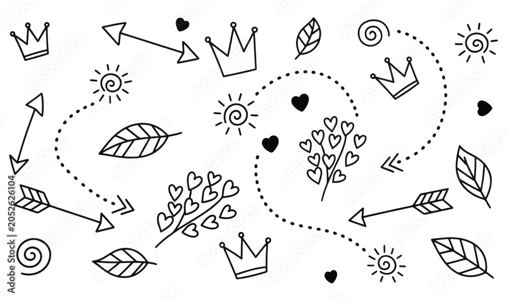 Obraz premium Premium Royal Crown Clipart Set - Hand-Drawn Minimalist Leaves Vector, Sketch Line Art Dotted Trail Arrows, Cute Heart Flowers Sun Aesthetic Doodle Sticker Pack