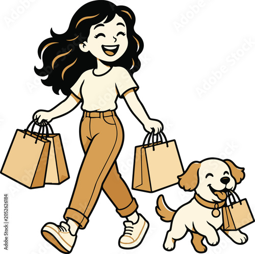 Joyful Shopping Trip with a Pup: A cheerful young woman with a beaming smile, laden with shopping bags, walks happily alongside her adorable dog, who also carries a small bag in its mouth.