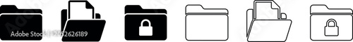 Folder and document icons with locked folder in solid and outline styles
