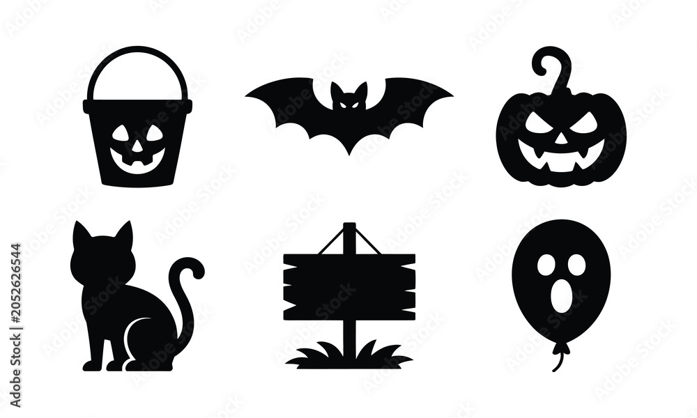 Fototapeta premium Halloween vector icons. trick or treat bucket, bat, pumpkin, cat, sign, ghost balloon.