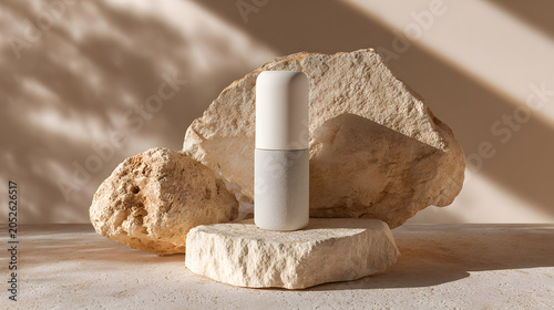 Minimalist skincare product bottle on stone surface with natural light and shadows, creating serene and elegant atmosphere. composition highlights simplicity and tranquility