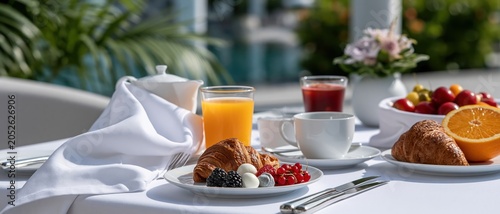 An attractive outdoor breakfast display featuring croissants, fresh fruits, and beverages, inviting viewers to immerse in a delightful culinary experience.