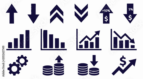Vászonkép Business and financial icons set showing growth, decline, and market trends