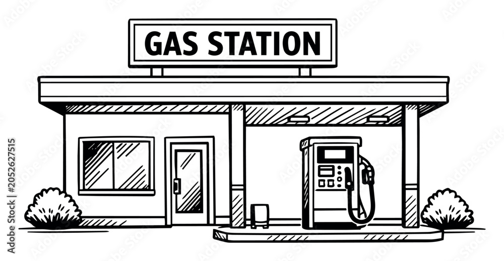 Fototapeta premium Gas station building with a fuel pump, providing gasoline for vehicles. Hand drawn line art illustration of a petrol service stop