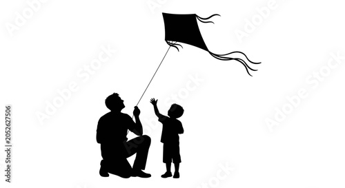 Bilde på lerret Happy Father's Day Father, son flying kite, black silhouette, outdoor fun, recre