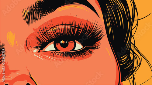 Photos Close up of a woman's eye with long eyelashes and intense gaze, rendered in a vibrant pop art style with warm orange and yellow tones