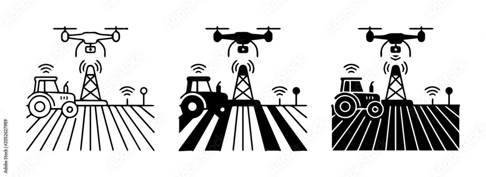 Fototapeta premium Smart Farming Icons: Drone, Tractor, and Communication Tower, Precision Agriculture Technology