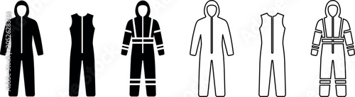 Set of work coverall and protective safety suit icons in different styles