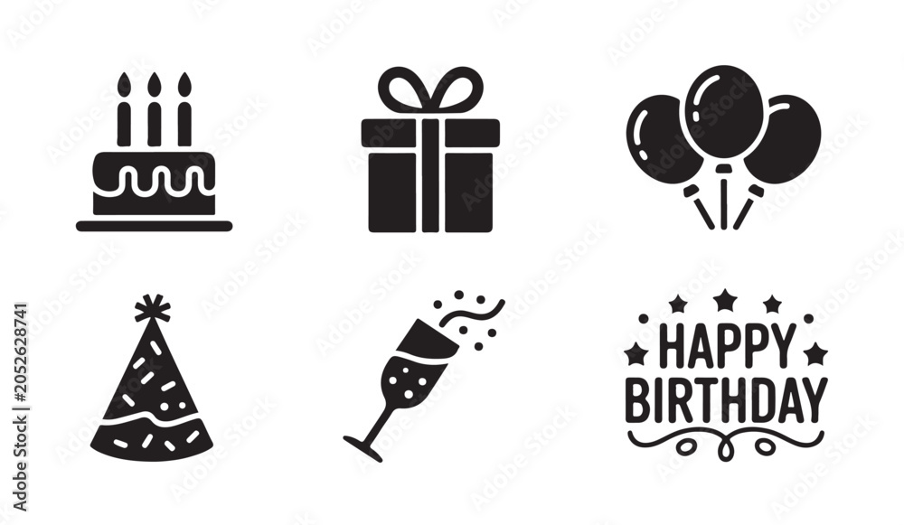 Fototapeta premium Birthday celebration vector icon set. black silhouettes for happy event design.