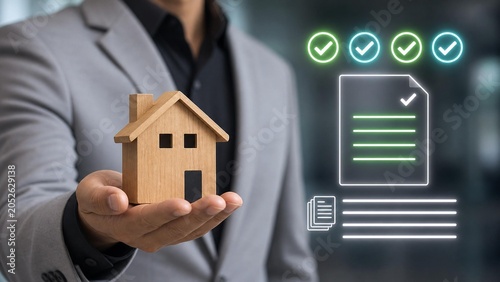 checklists documents successful real estate transaction, man suit holds small wooden house model