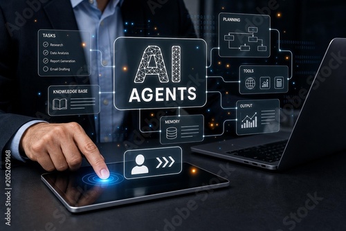 interconnected components workflow ai agents tasks knowledge base planning tools memory output advanced technological automation business efficiency