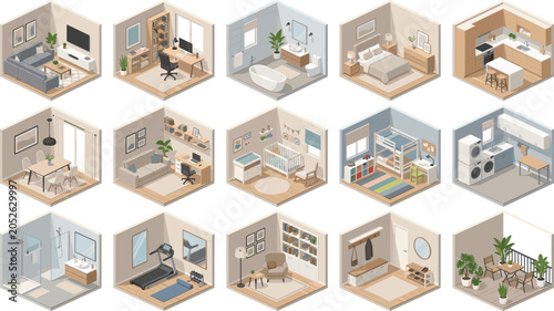 Isometric Home Interior Room Set with Living Room, Kitchen, Bedroom, Bathroom, Home Office, and Balcony layouts for Architecture Planning, Real Estate Marketing, and Interior Design Infographics