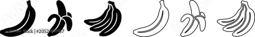 Banana and bunch of bananas icon set in filled and outline styles