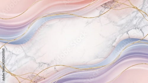 Soft pastel silk waves and gold glitter lines on white marble frame