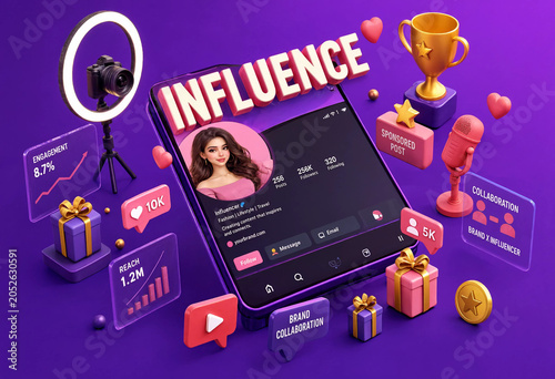 An influencer showcases lifestyle and hobbies on a smartphone surrounded by social media symbols and gifts in a celebratory setting.
