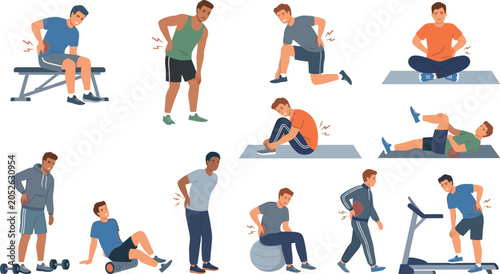 Workout Injury and Back Pain Character Set with Men Experiencing Muscle Strain, Joint Ache, and Spine Discomfort for Healthcare and Physiotherapy Layouts
