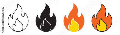 Foto Fire flames icons. Hot burn symbol vector set.