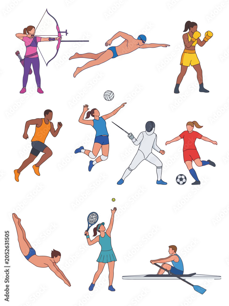 Fototapeta premium Active Women Sports and Fitness Illustration Set with Swimming, Weightlifting, Running and Healthy Lifestyle Elements