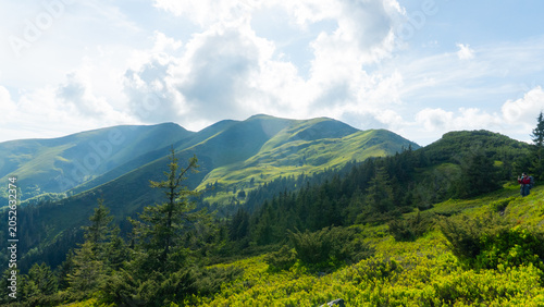 Green Mountain Landscape with Cloudy Sky, Pishkonya mountain range, Carpathians, mountain peak, fog, green silhouettes