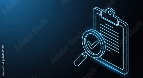 Magnifying glass over a document with a checkmark on a blue neon background