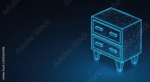 Futuristic Neon Blue Wireframe Cabinet with Drawers