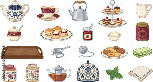 Bild auf Leinwand Vintage Afternoon Tea Party Vector Illustration Set Featuring Teapots, Cups, Sco