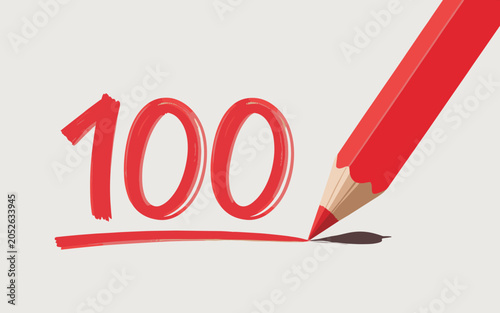 A red pencil draws the number 100 on a surface.
