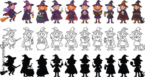 Foto Cute Little Witch Character Vector Set with Colored Illustrations, Line Art Outl